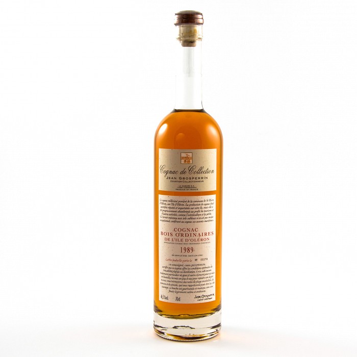 Cognac 1989||| CHF 119 |||The Bois Ordinaire Ile d'Oléron 1989 Jean Grosperrin hails from the sandy soils of the island, Ile d'Oléron which, in the past, was a major producer of cognac. 

0.7L 46.3 Vol %.

Beautiful brown gold, heady scent of candied fruits, caramel from salted butter, nuts, all sublimated by iodine, full-bodied, distinguished, iodized finish... it is a pure moment of escape to the islands.

For more than 20 years, Jean Grosperrin, a broker-collector, has been committed to keeping the vintages he selects intact. Selection and handling are controlled and certified to let the product and only the product express itself.

WITH ORDERS DELIVERED BY FLEUROP, THIS ADD-ON IS AUTOMATICALLY HIDDEN ON THE ORDER FORM. ||| 1013