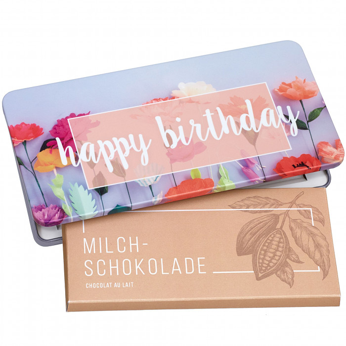 Happy Birthday||| CHF 12.9 |||Milchschokolade von Munz in Geschenkdose. ||| 1269