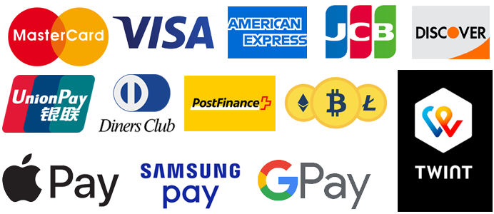TWINT MasterCard Visa UnionPay DinersClub Discover JCB AmericanExpress ApplePay SamsungPay GooglePay Cryptos PostFinance